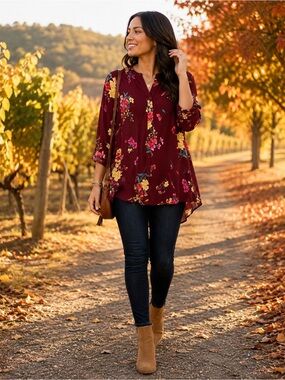 NWT Old Navy Wine Floral Rayon Tunic Blouse XXL Boho Long Sleeve Top